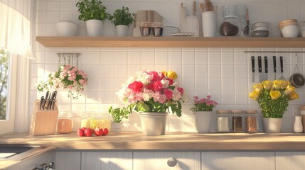 Simple, comfy design to show off products. A kitchen scene with flowers.
