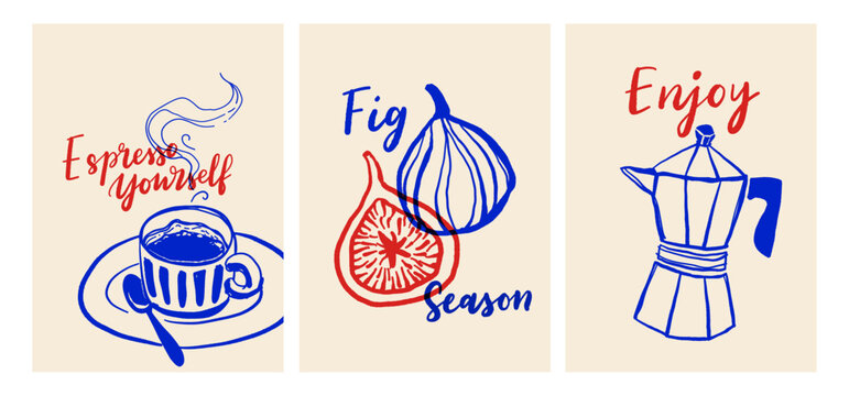 Italian food and coffee retro posters with hand drawn style typography and doodles. Vector set in blue and red ink stamp style.