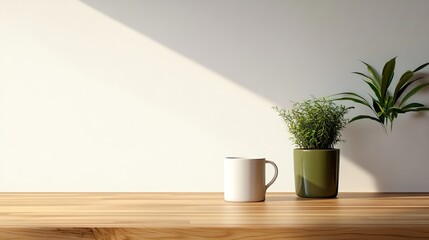 Simple, warm kitchen scene for showing off products. Features a wooden counter, green stand, white wall, plant, and mug. Great for a modern, cozy style.
