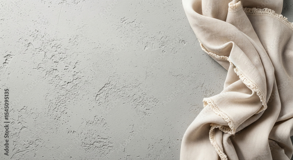 Poster beige fabric with frayed edges on gray textured background, offering ample free space for text or pr
