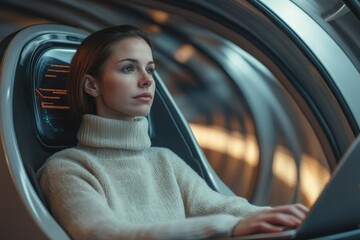 A young woman sits in a futuristic vehicle, using a laptop, appearing calm and focused on her work.