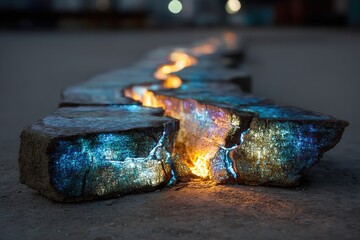 Illuminated Stone Crack Path at Night