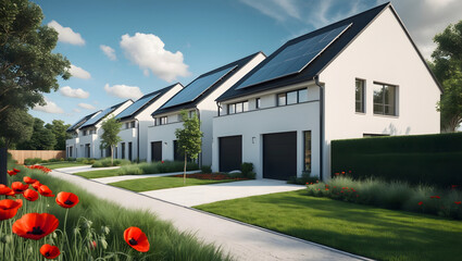 Modern single family homes near waiblingen- germany with photovoltaic systems and poppies in a green residential area. Eco-friendly home concept. Ai Generative.