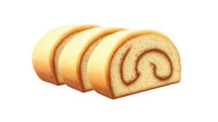 Delicious sponge cake roll slices with creamy filling and soft texture in sweet dessert presentation isolated on white background