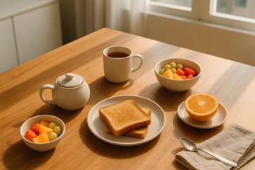 Home breakfast setup in minimalist kitchen