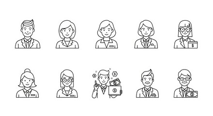 Collection of line art icons depicting diverse business professionals in various poses and expressions