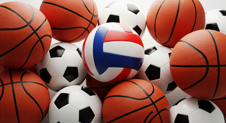 Close-up of assorted sports balls: basketballs, soccer balls, and volleyball.  Illustrates diverse sports competition or teamwork