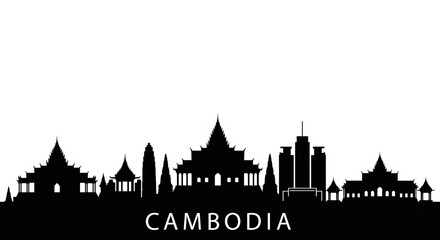 Fototapeta premium Black silhouette of cambodia skyline with traditional buildings and modern skyscrapers on a white background