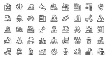 Line art icon set depicting various industry and manufacturing related symbols and elements in black and white