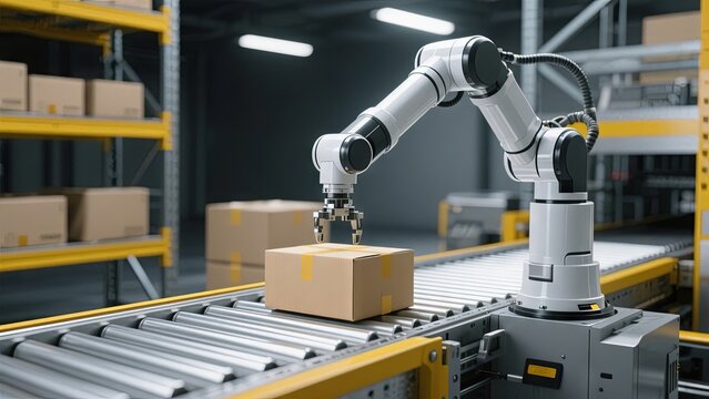 A robotic arm is efficiently picking up boxes from a conveyor belt for sorting in a warehouse setting. The operation showcases precision and automation in logistics