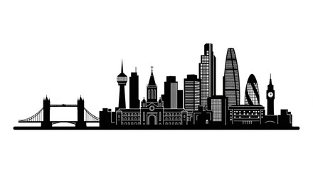 Black silhouette of london cityscape with tower bridge and various buildings on a white background