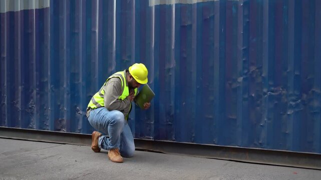 indian container worker suffers heat stroke or heart attack caucasian colleague woman helping co worker in Container Terminal Accident at workplace Safety in industrial factory.