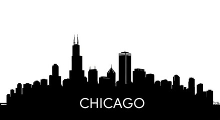 A silhouette of the chicago skyline with prominent buildings against a white background and city name
