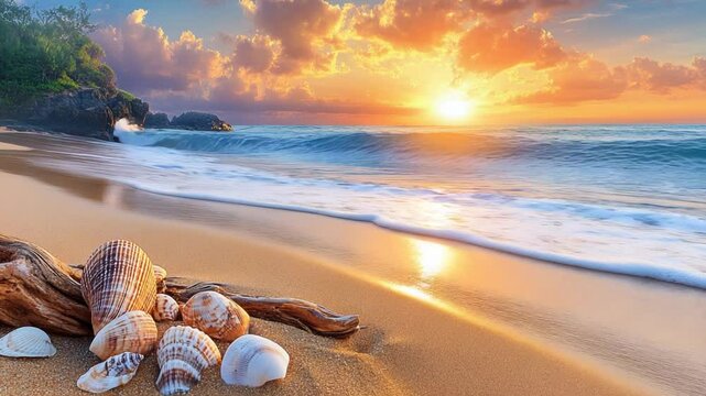 Seashore at sunrise with shells and driftwood