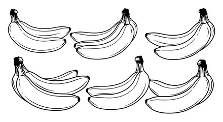 A black and white line drawing of six bunches of bananas arranged in a pattern on a white background