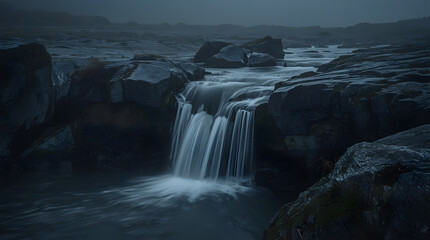 Moody Waterfall Scene – Silky Cascade Over Dark Grey Cliff in Misty, Atmospheric Landscape









