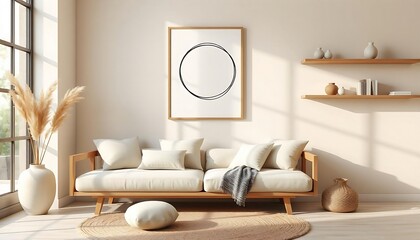 japandi living room interior with neutral tones oak furniture and geometric art above sofa