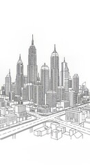 Line art illustration of a cityscape with tall buildings and complex road network in black and white