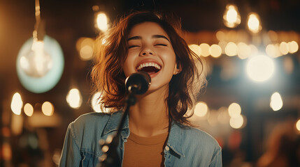 Close-up of a young, beautiful Asian girl passionately singing at the bar.