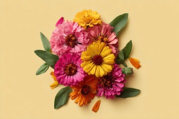 Colorful zinnia flowers and petals forming a bouquet on yellow background