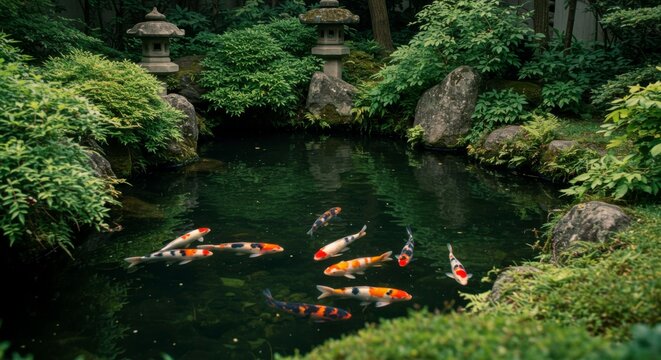 Peaceful koi pond surrounded by lush greenery