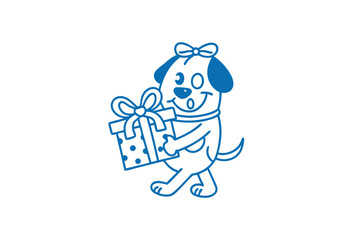 Blue dog outline with bow happily carries a polka dot present with ribbon