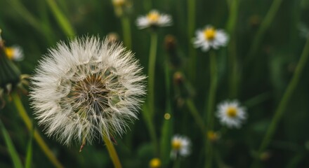 Obraz premium Close-up of a dandelion seed head amongst wildflowers