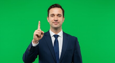 Confident Businessman Pointing Upward, Green Screen