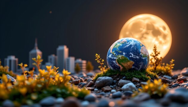 miniature earth cityscape and plants at sunrise, moon background on the right, glimmering silver tones, positioned on the right with clear copy space on the left.