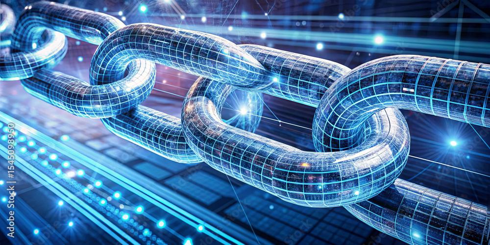 Poster a close-up view highlights a digitally rendered metal chain link embedded in a vibrant network backd