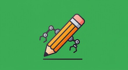 Orange Pencil with Robotic Arms on Green Background