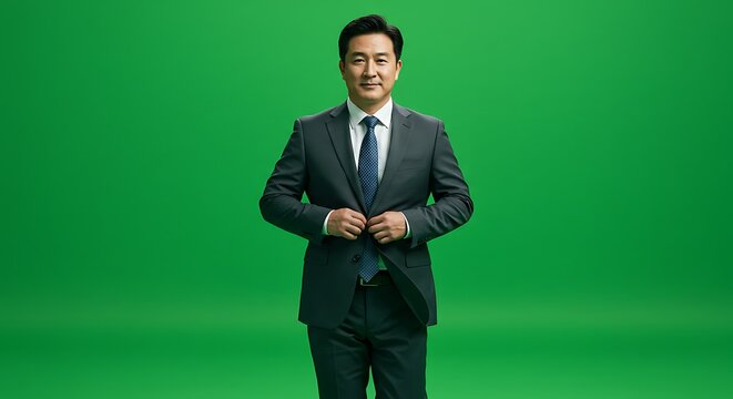 Confident Businessman in Suit on Green Screen Background
