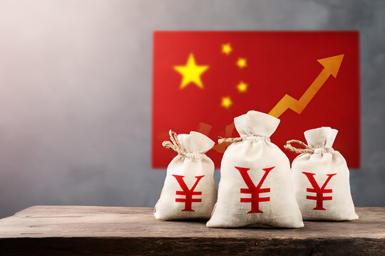 Money bags with yuan signs and an upward and arrow With the flag of China in the background - Powered by Adobe
