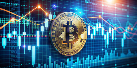 Financial graphs illustrate the price trends of Bitcoin with vibrant colors. The digital currency symbol stands out against a blue background, symbolizing ongoing market activity in cryptocurrency