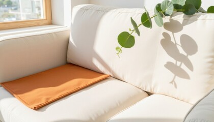 Cozy corner in a sunlit living room featuring a touch of nature with greenery and a warm accent cushion