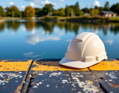 construction helmet placed on caution striped surface against a serene backdrop, top positioning with warm ivory tones and ample copy space at the bottom for photos.