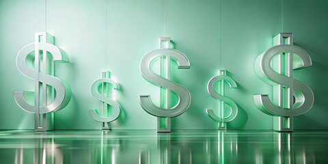 Metallic dollar signs of varying heights are displayed against a mint green background. The arrangement creates a striking visual effect, emphasizing wealth and finance in a contemporary context