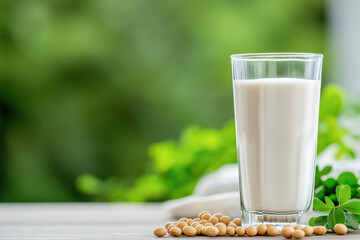 Tall glass of soy milk stands on a surface with soybeans and greenery in the background