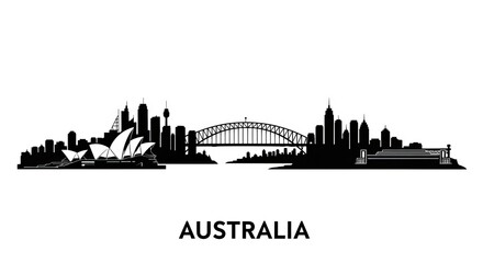 Fototapeta premium Silhouette of the sydney skyline with opera house and harbour bridge on a white background design