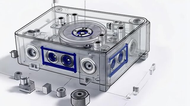 Exploded view technical drawing of a transparent device with internal components and various parts