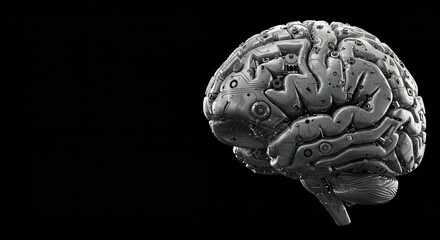 Mechanical brain with gears and pipes resembling a complex machine. Artificial intelligence and robotics concept.