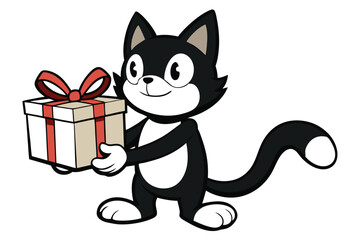 Cartoon cat holding gift box with red ribbon conveys cheerful celebration vibe