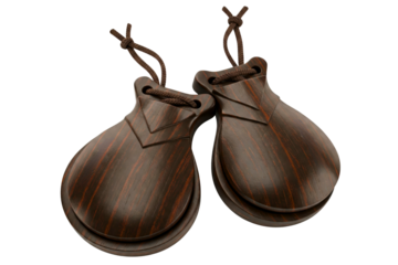 Pair of dark wood castanets on a string isolated on a transparent background