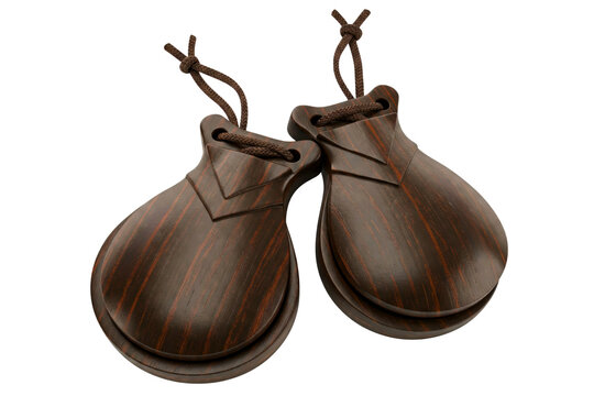 Pair of dark wood castanets on a string isolated on a transparent background