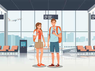 Happy tourist with Large travel bag pack for travel and exploring the beach. The lovers holding map and passport, smiling. Summer vacation and tropical travel concept illustration.