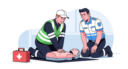 CPR Training First Responders Performing Chest Compressions on a Dummy