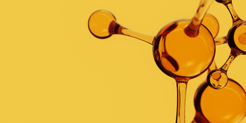 3d Abstract golden glass molecular structures. Cosmetic collagen serum, essence oil, vitamin, hyaluronic acid for skin care. Healthcare concept