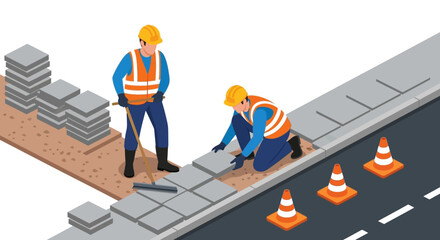 Construction Workers Paving Sidewalk Road Repair and Urban Renewal
