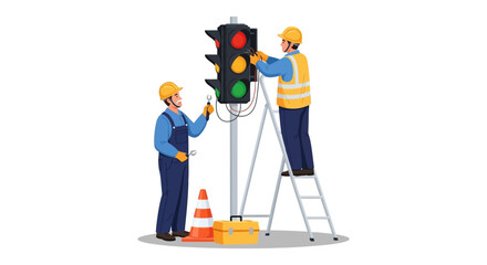 Traffic Light Maintenance Technicians Repairing Signal