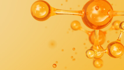 3d Abstract golden glass molecular structures. Cosmetic collagen serum, essence oil, vitamin, hyaluronic acid for skin care. Healthcare concept